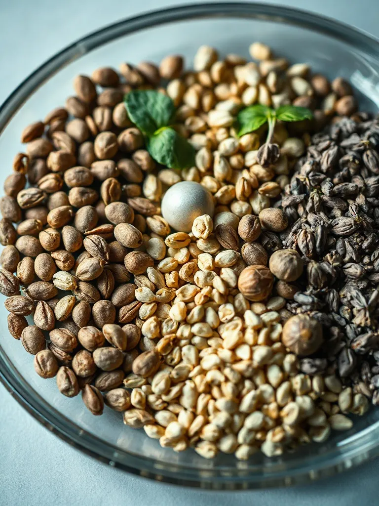 Close-up of medicinal herbs and seeds on a laboratory glass
