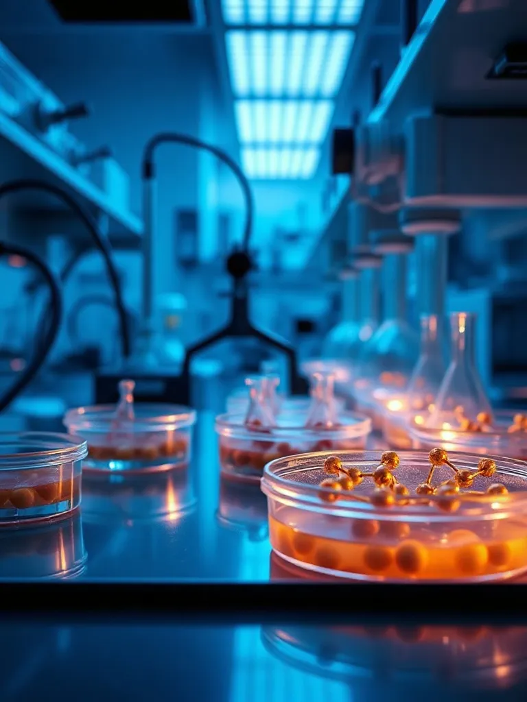A high-tech laboratory setting with petri dishes and molecul
